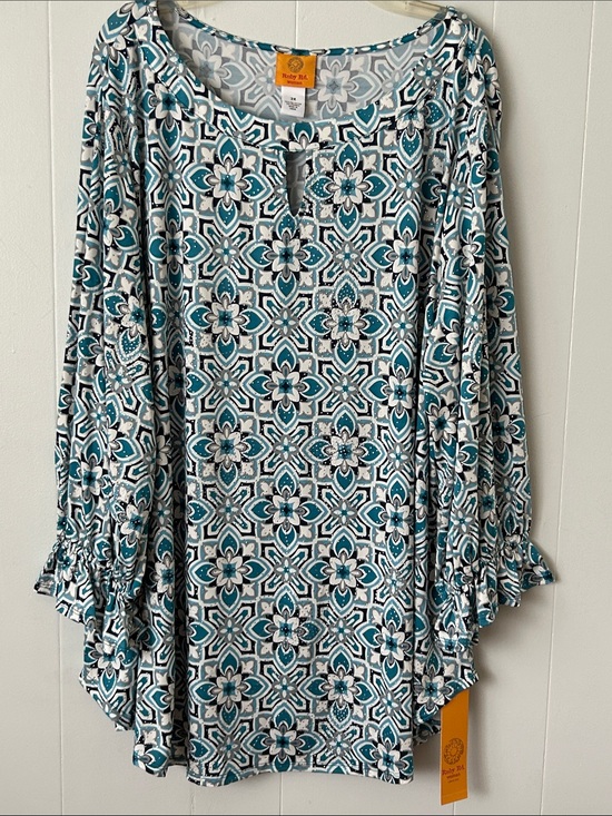 Ruby Rd. Tops - Ruby Rd. Teal, White & Black Floral-Geometric Keyhole Tunic 3X